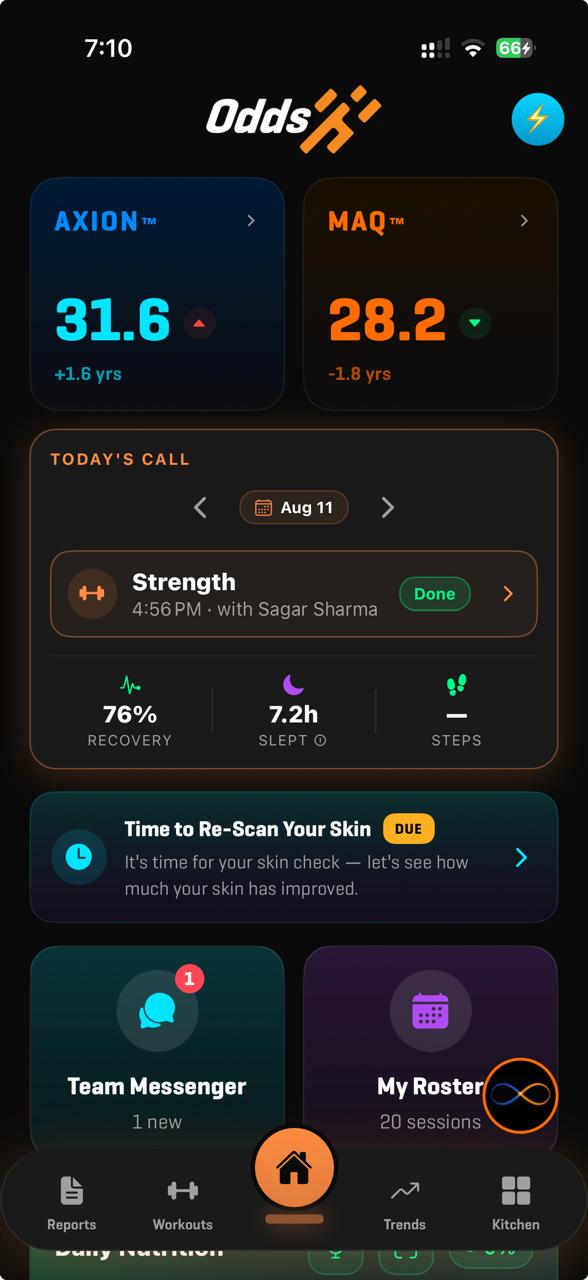 ODDS Longevity OS app dashboard displayed on a mobile interface showing AXION and MAQ scores.